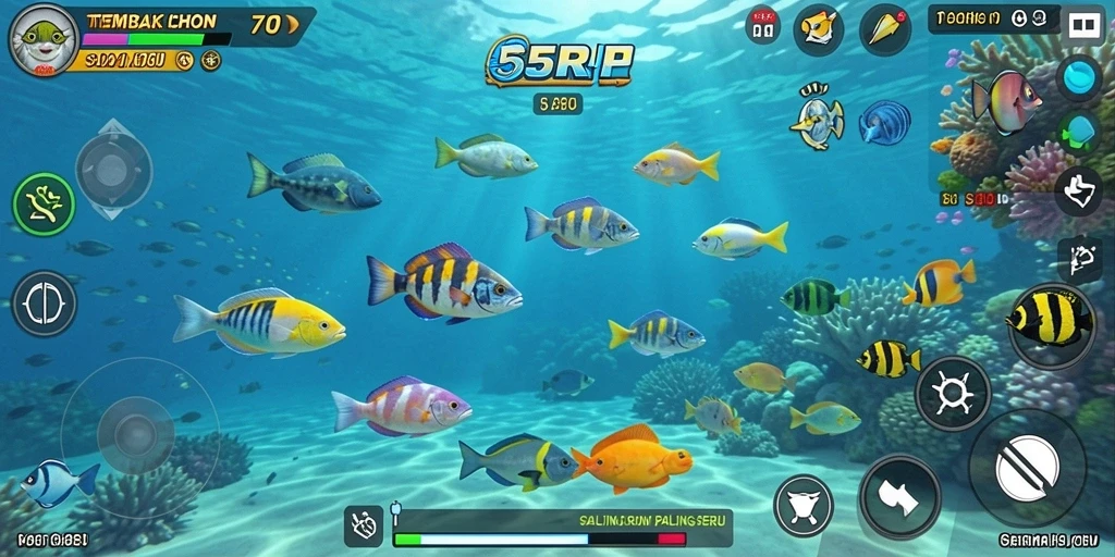 Screenshot gameplay 55RP dengan aksi tembak ikan yang seru.