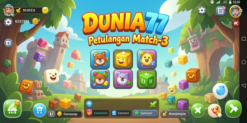 Screenshot gameplay DUNIA77 dengan karakter lucu dan level seru.