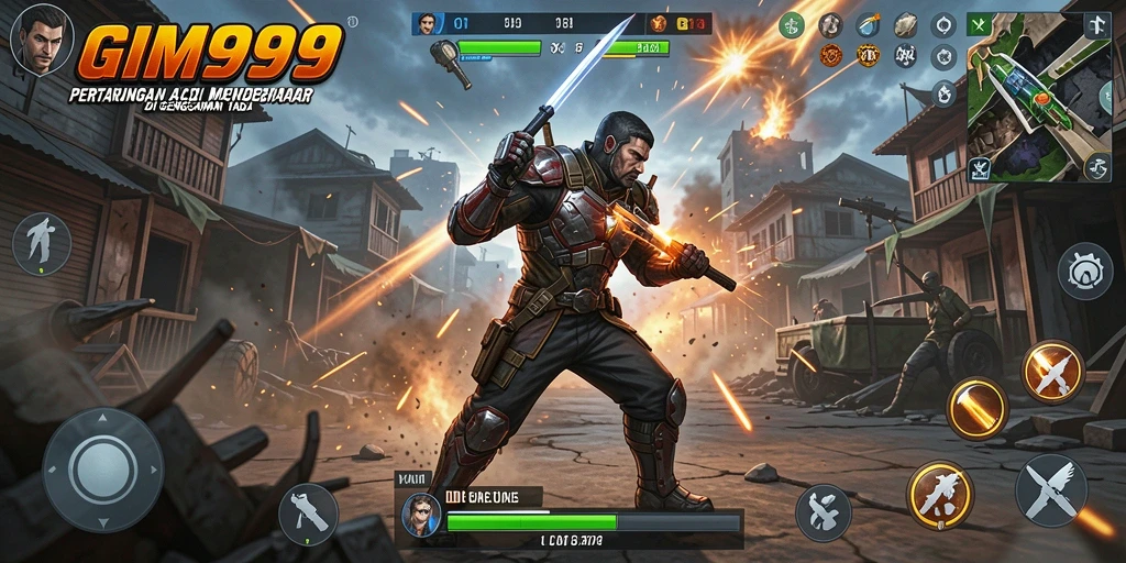 Screenshot utama GIM999 menampilkan aksi pertarungan yang intens.