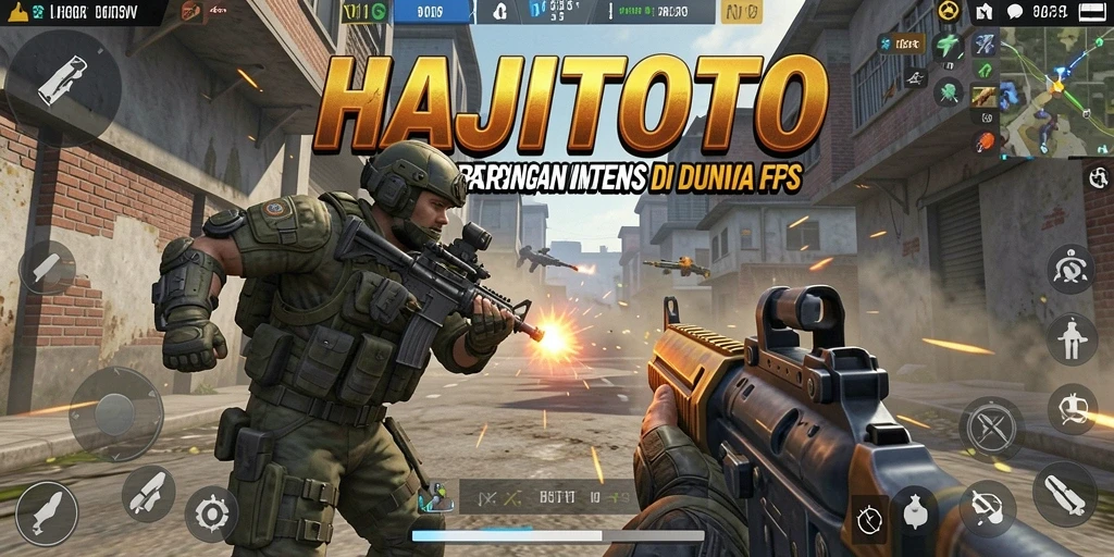 Screenshot utama HAJITOTO menampilkan aksi intens gameplay FPS.