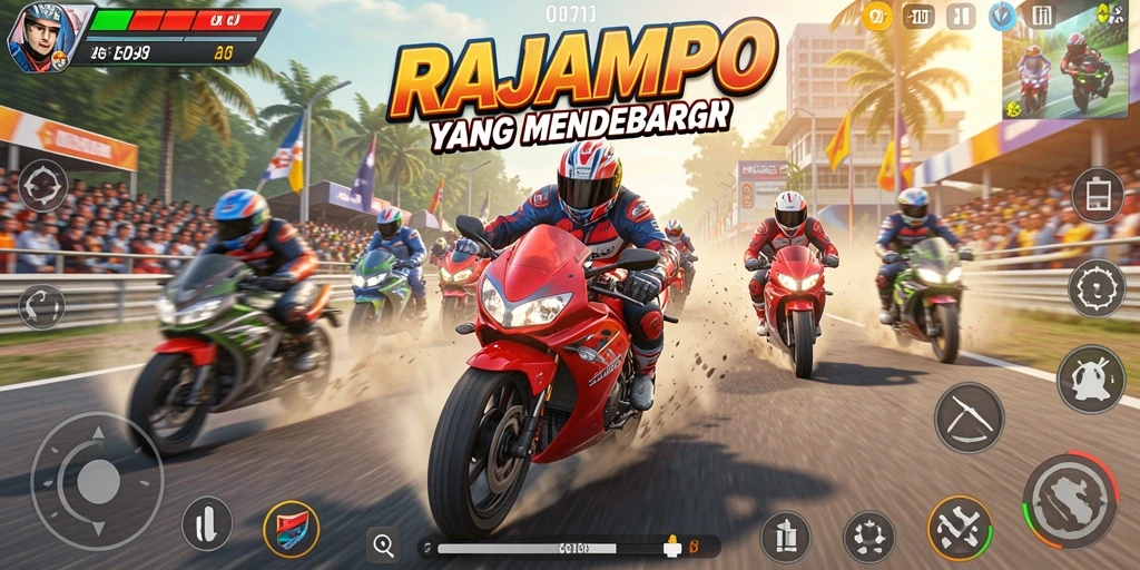 Tampilan gameplay menegangkan di RAJAMPO dengan motor balap yang cepat.