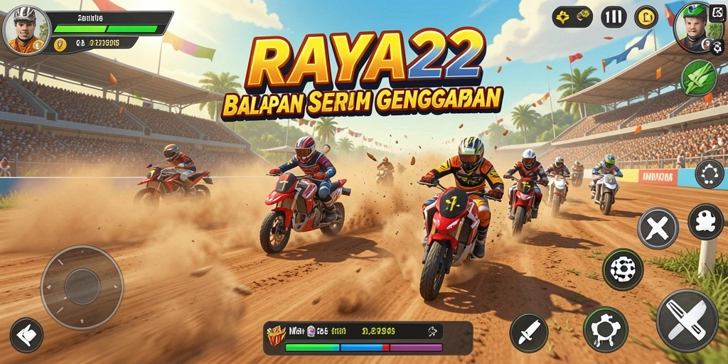 Gameplay balap yang mendebarkan di RAYA22 dengan mobil-mobil yang bersaing.