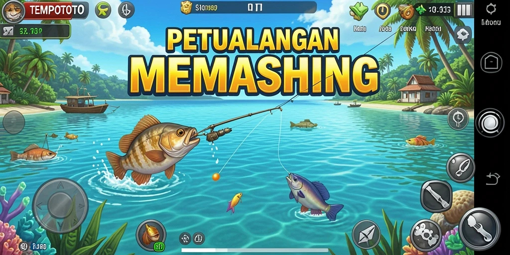 Screenshot gameplay TEMPOTOTO menampilkan keseruan memancing di lokasi yang indah.