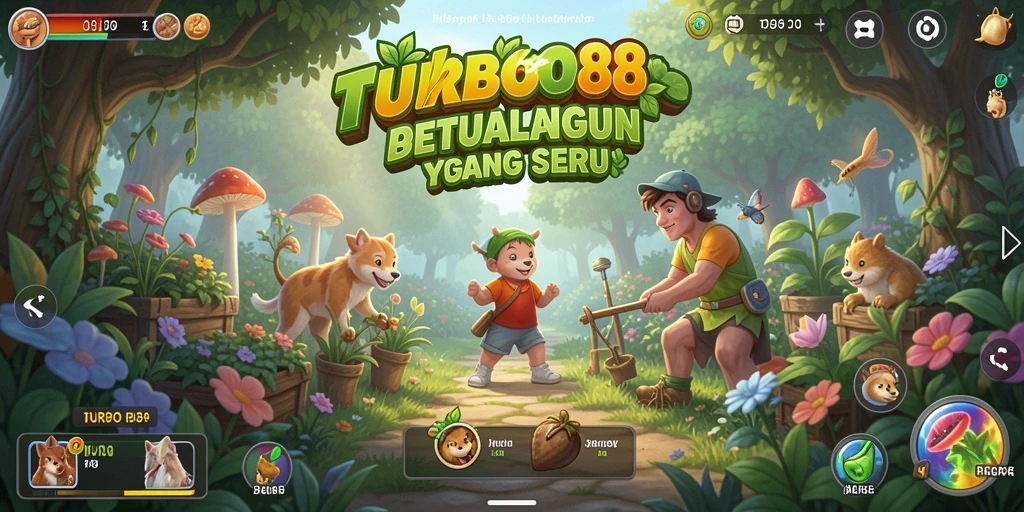 Tampilan gameplay TURBO88 dengan ladang hijau dan hewan ternak.