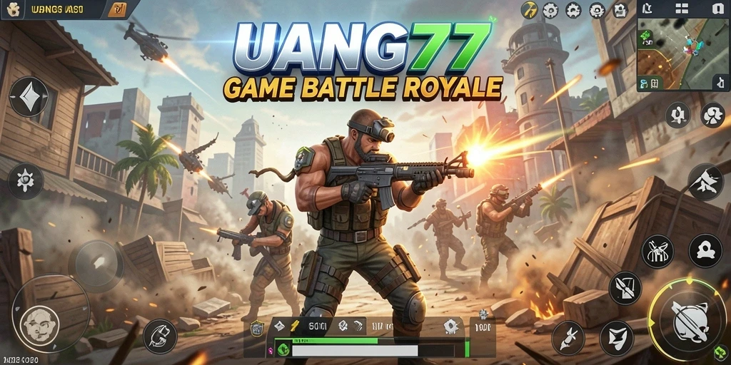Screenshot gameplay UANG77 menampilkan aksi mendebarkan di arena Battle Royale.